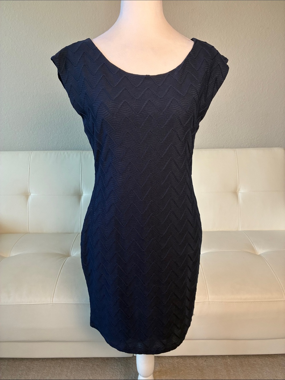 Navy Textured Cap-Sleeve Mini Dress